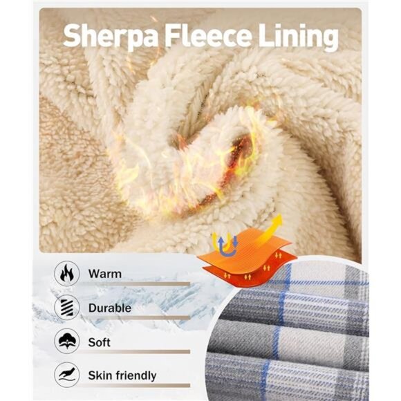 Flannel Plaid Jacket Long Sleeve Fleece Sherpa Lined Winter Jacket Warm Grey - Picture 4 of 7